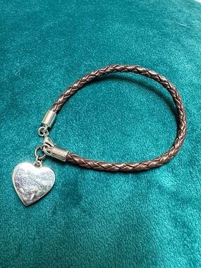 Nine West Brown Braided Leather Heart Charm Bracelet 7.25”